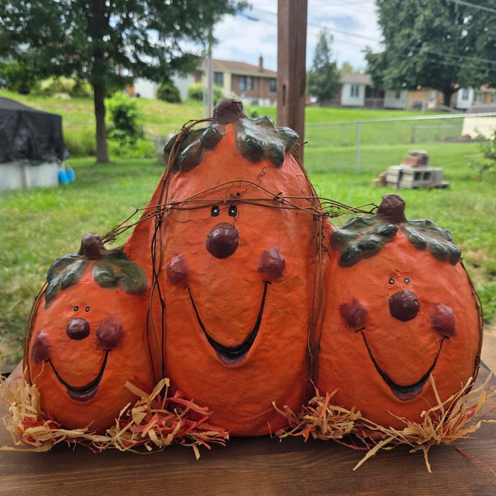 Paper Mache Pumpkin Trio Primitive Folk Art Halloween Fall Decor 18" Wide